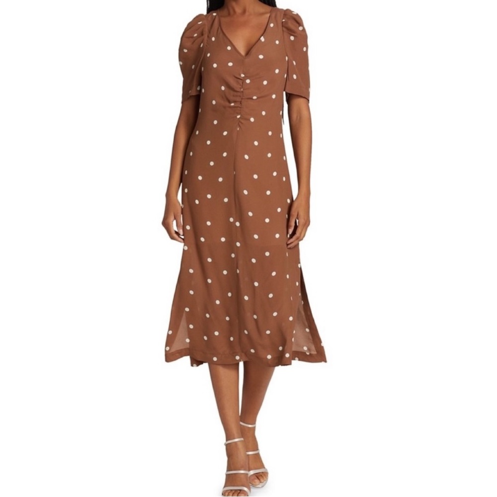 Baum und Pferdgarten Addax Silk Blend Polka Dot Puff Sleeve Ruched Midi Dress